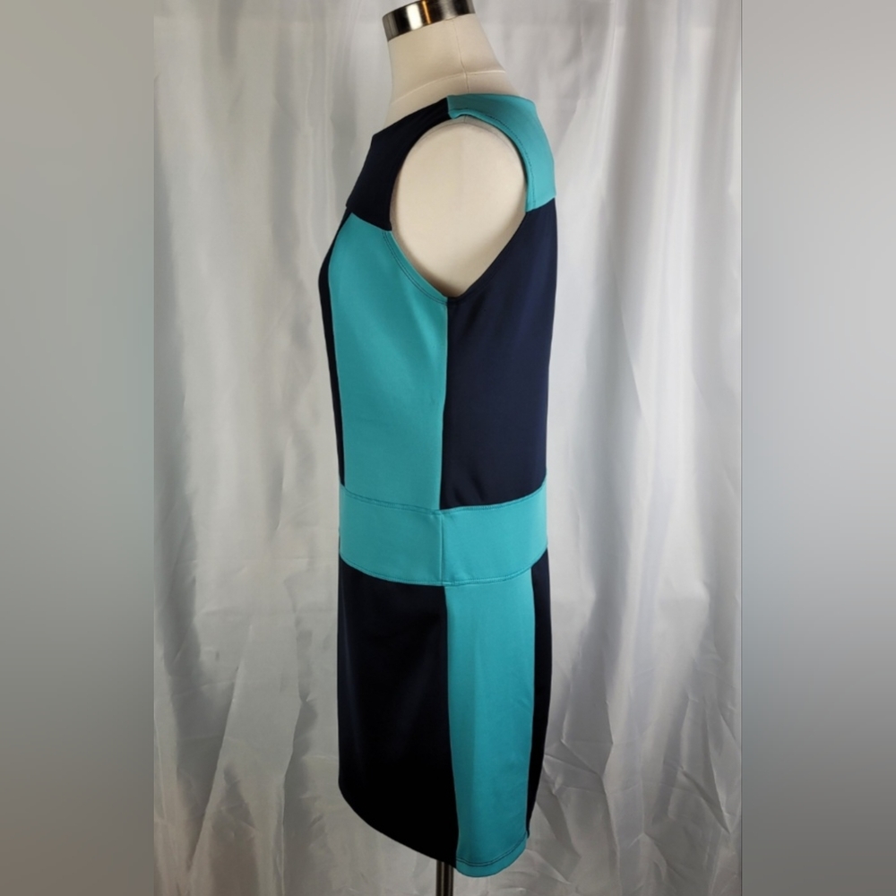 Enfocus Studio Teal Navy Color Block Scuba Stretch Popover Midi Dress Size 8 - Picture 8 of 10